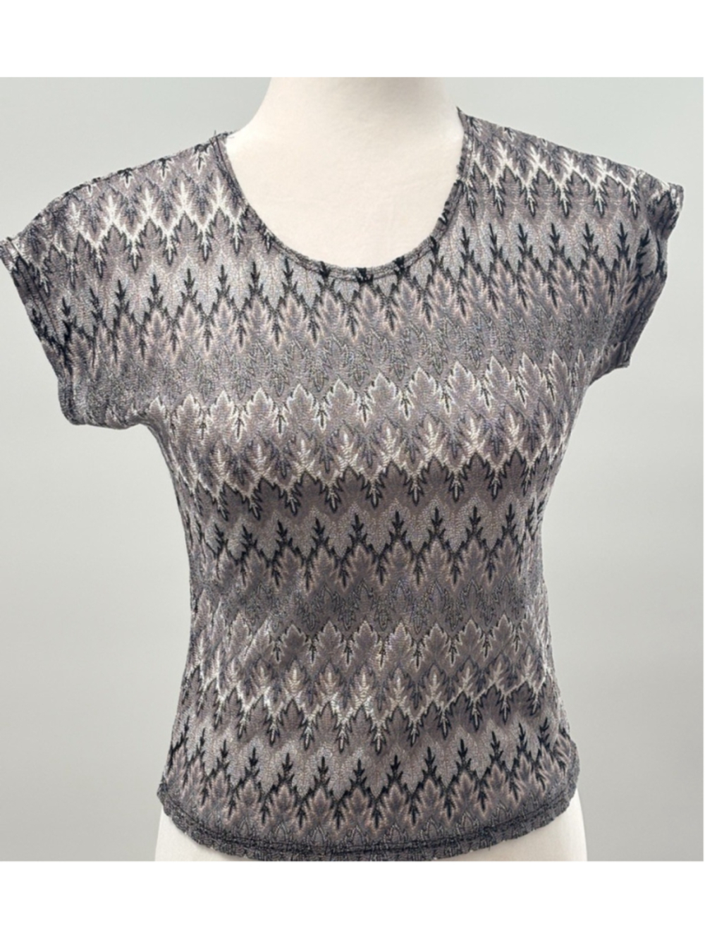 Aqua Girl Metallic Knit Top Medium Y2K Chevron Chevron Pattern Short Sleeve
